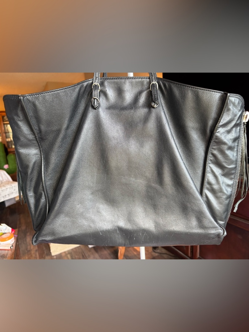 Classic Black Leather Tote Bag with Mirror
